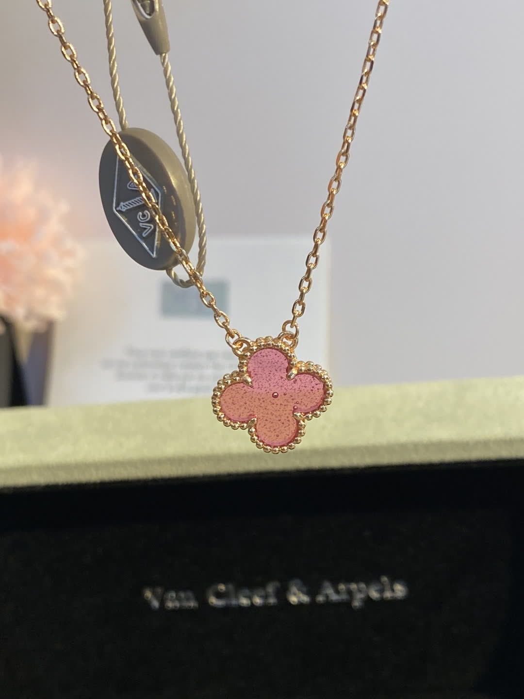 Van Cleef & Arpels Alhambra Pink Enamel Gold Pendant Necklace Van Cleef & Arpels Alhambra Pink Enamel Gold Pendant Necklace
